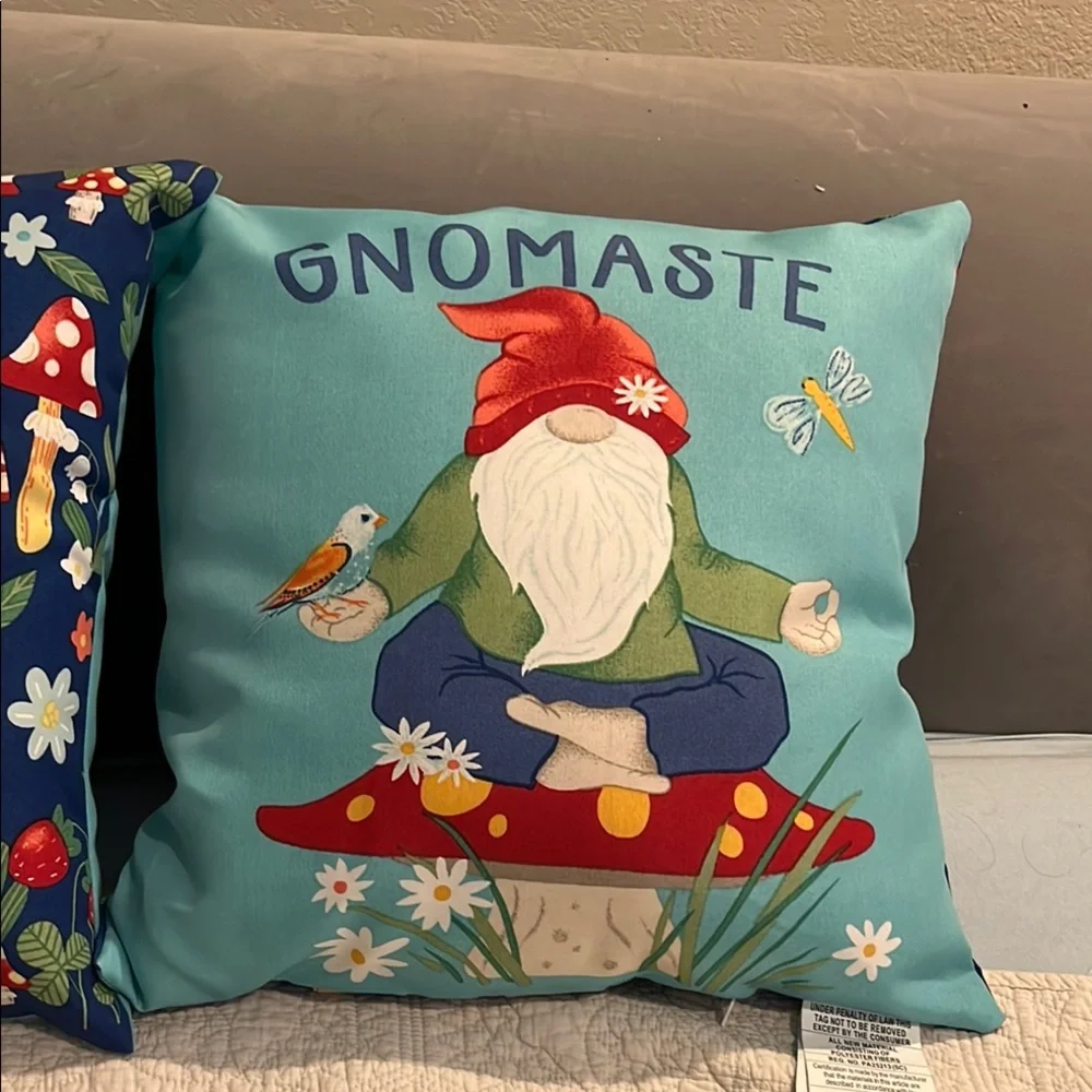Gnomaste Pillow with mushroom and strawberry accents. 2 pillow bundle nwt